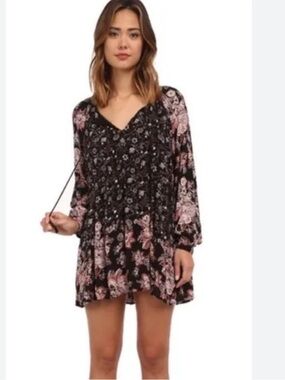 Free People Lucky Loosie Boho Floral Swing Mini Dress XS Festival Peasant